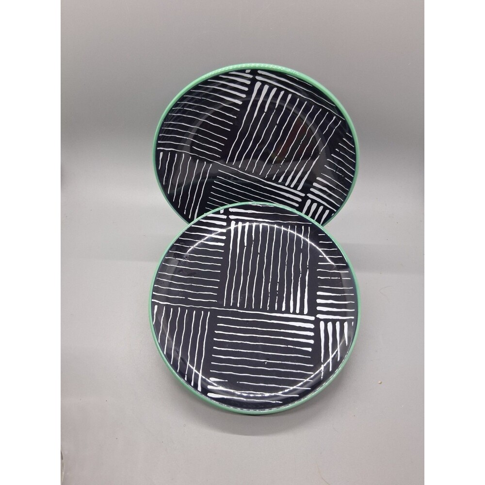 Threshold 2 Striped Appetizer Side Plates Navy White Aqua 6" Stoneware Target